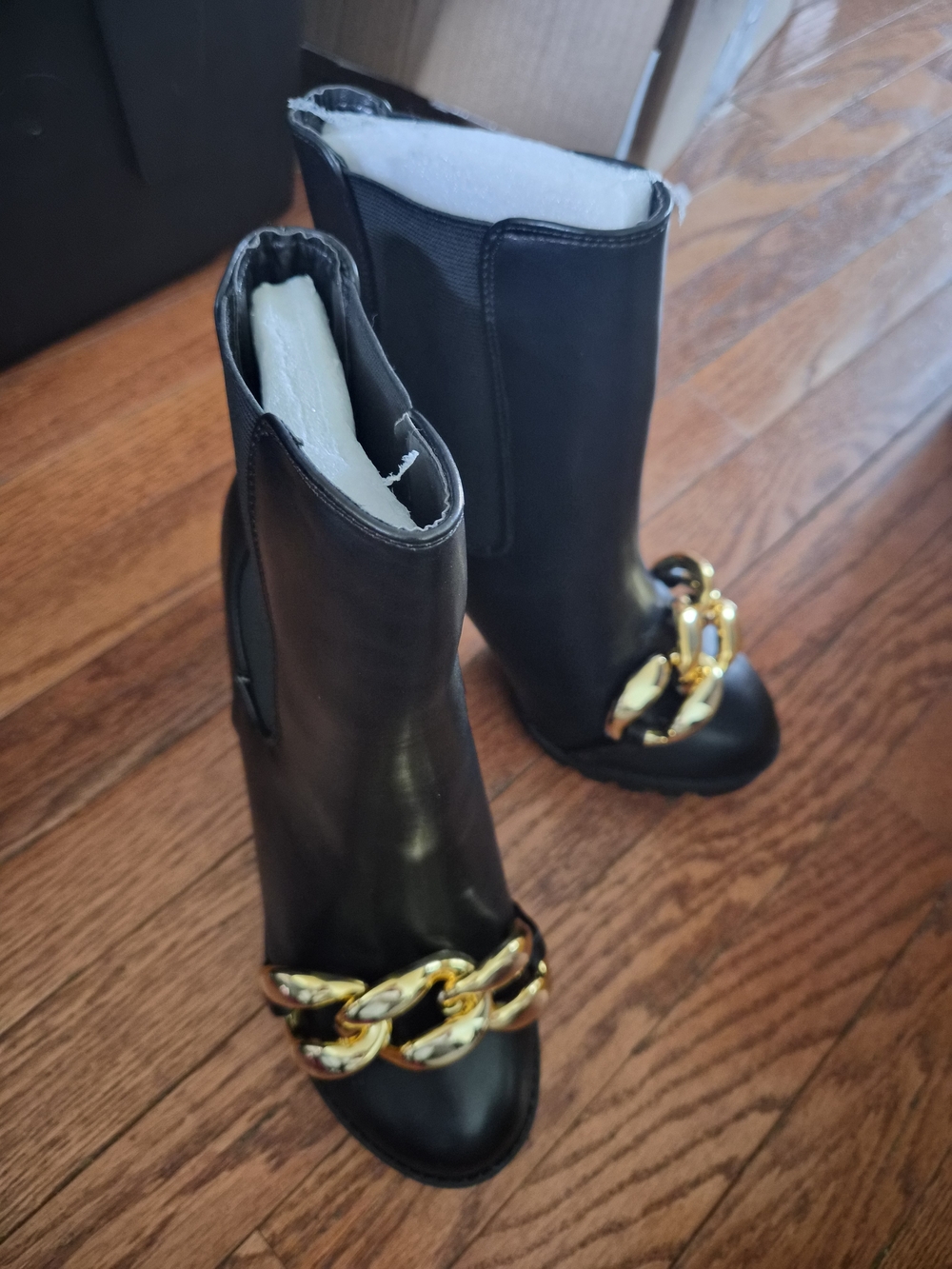 Cape Robbin Black Ankle Boots with Gold Chain Accent